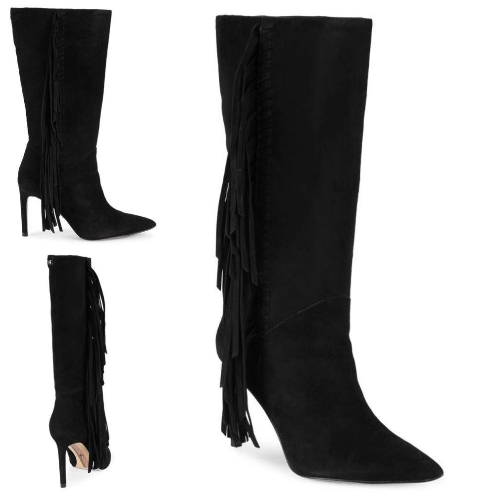 Sam Edelman Fayette Fringed Suede Mid-Calf Boots NIB Black Size 7